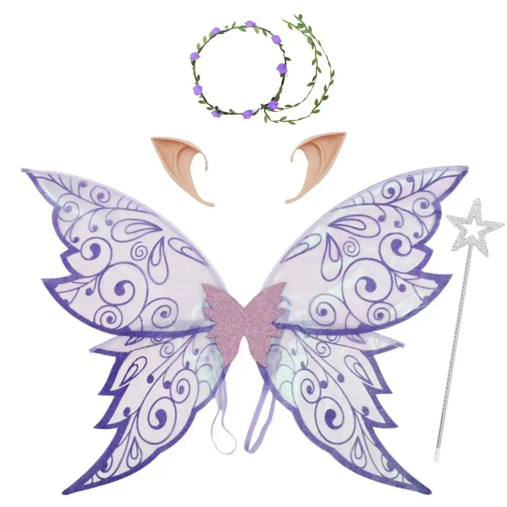Alas de elfo de Hada y mariposa, vestido brillante, accesorios para fiesta de Halloween, guirnalda, varita de hada, alas de disfraz