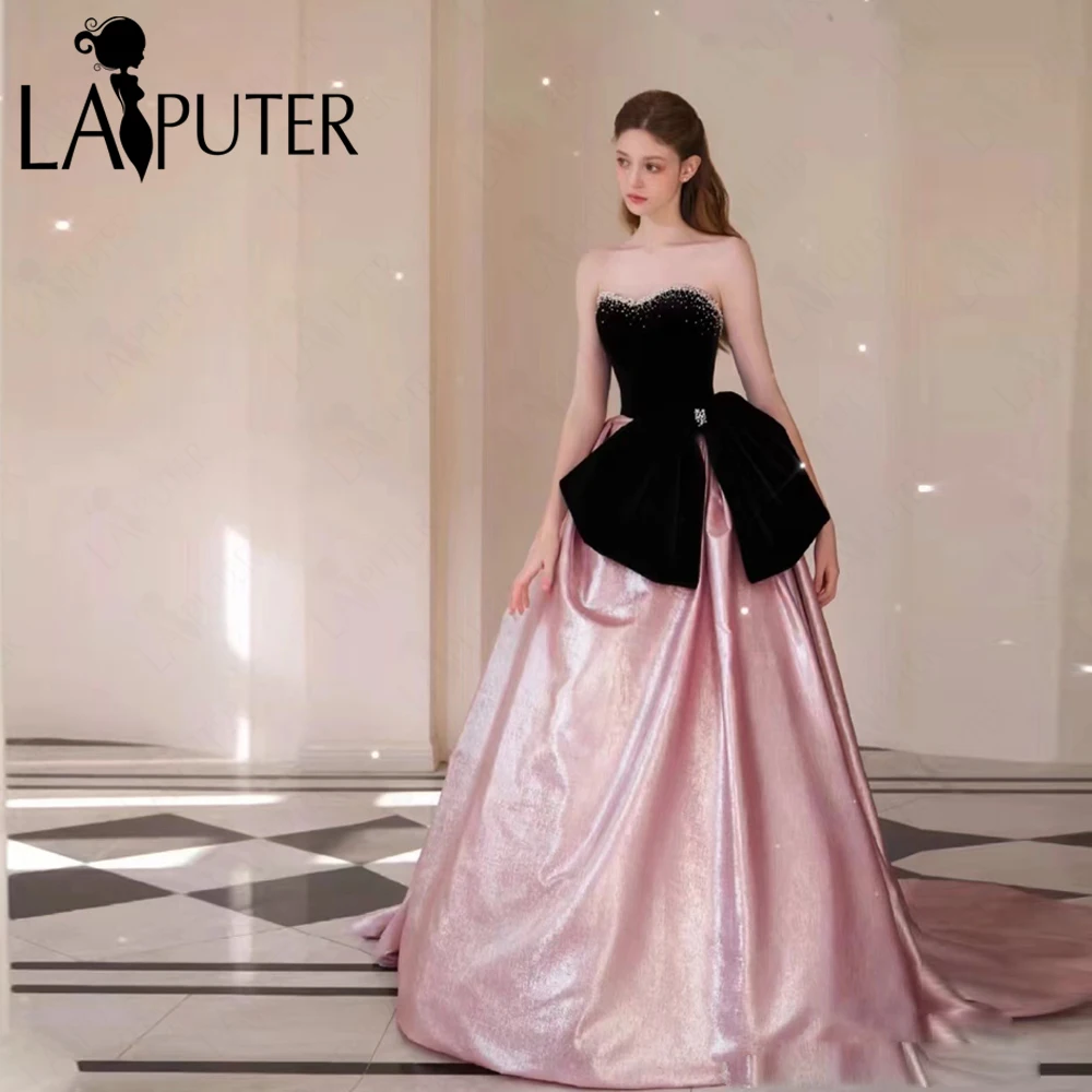 Black Pink A line Prom Dresses Off Shoulder Pearls Vlevet Evening Gowns Peplum Waist Drapped Bow Knot Celebrity Dress