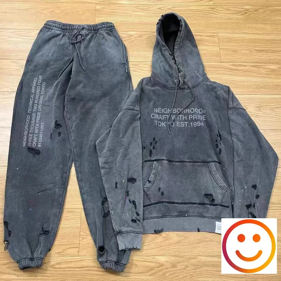 

Gray NEIGHBORHOOD NBHD Hole Damage Track Pants Hoodie Set Japanese Men Women Heavy Fabric Retro Wash Splashing Ink Sports Suit