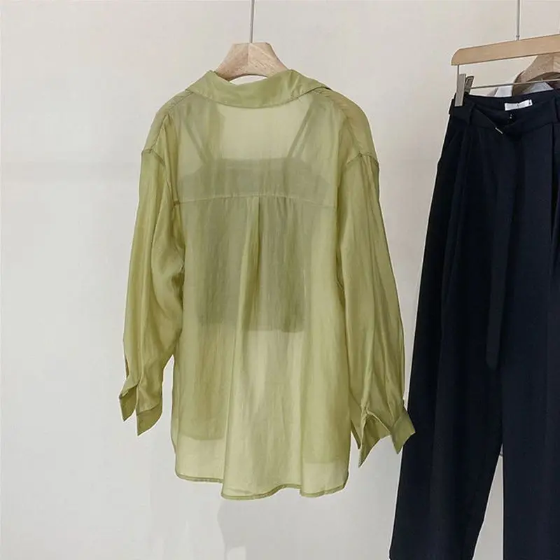 Spring 2024 New Women Chiffon Sunscreen Solid Color Korean Side Buckle Micro Transparency Summer Fashion Loose Long Sleeved Tops