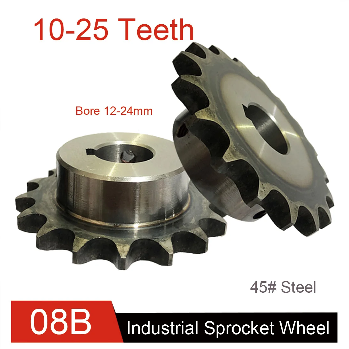 1Pcs 08B Industrial Chain Sprocket 45 Steel 10 11 12 13 14 15 16 17 18 19 20 21 - 25 Teeth Bore 12-24mm Precision Drive Gear