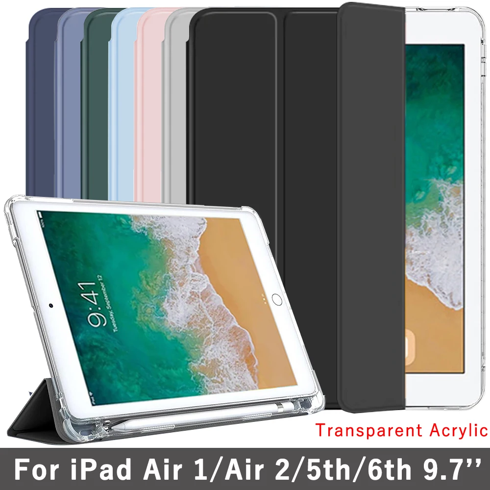 

Clear Crystal Tablet Case With Pen Slot For iPad Tri-fold Magnetic Stand Cases