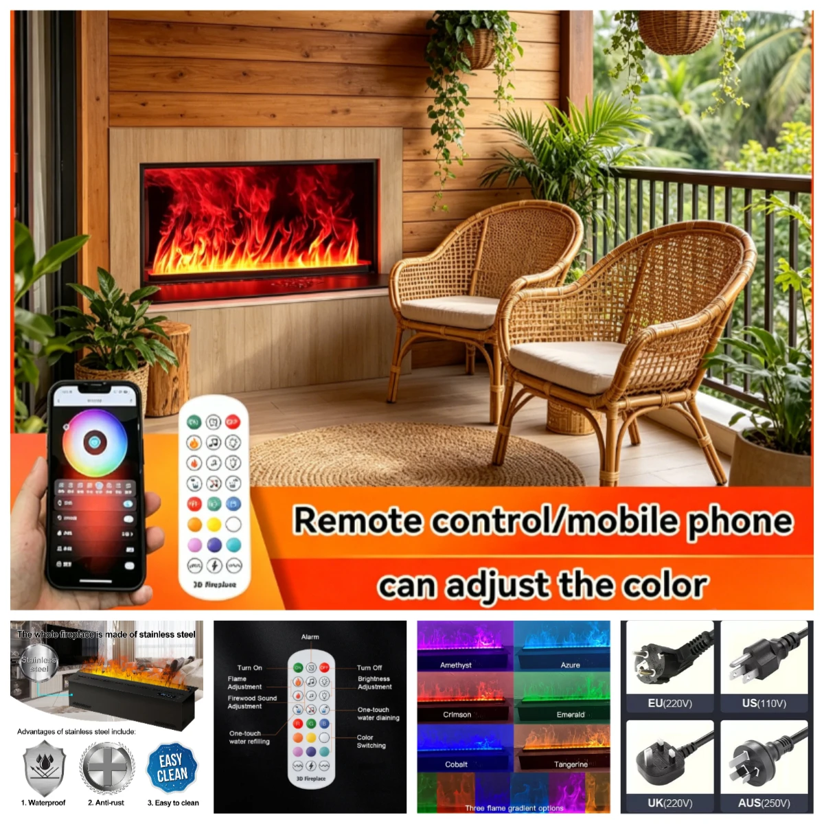 3D Water Vapor Fireplace Colorful Flame ECO TV Decorative No Risk of Fire Mist Intelligent Indoor Electric Atomized Fireplace