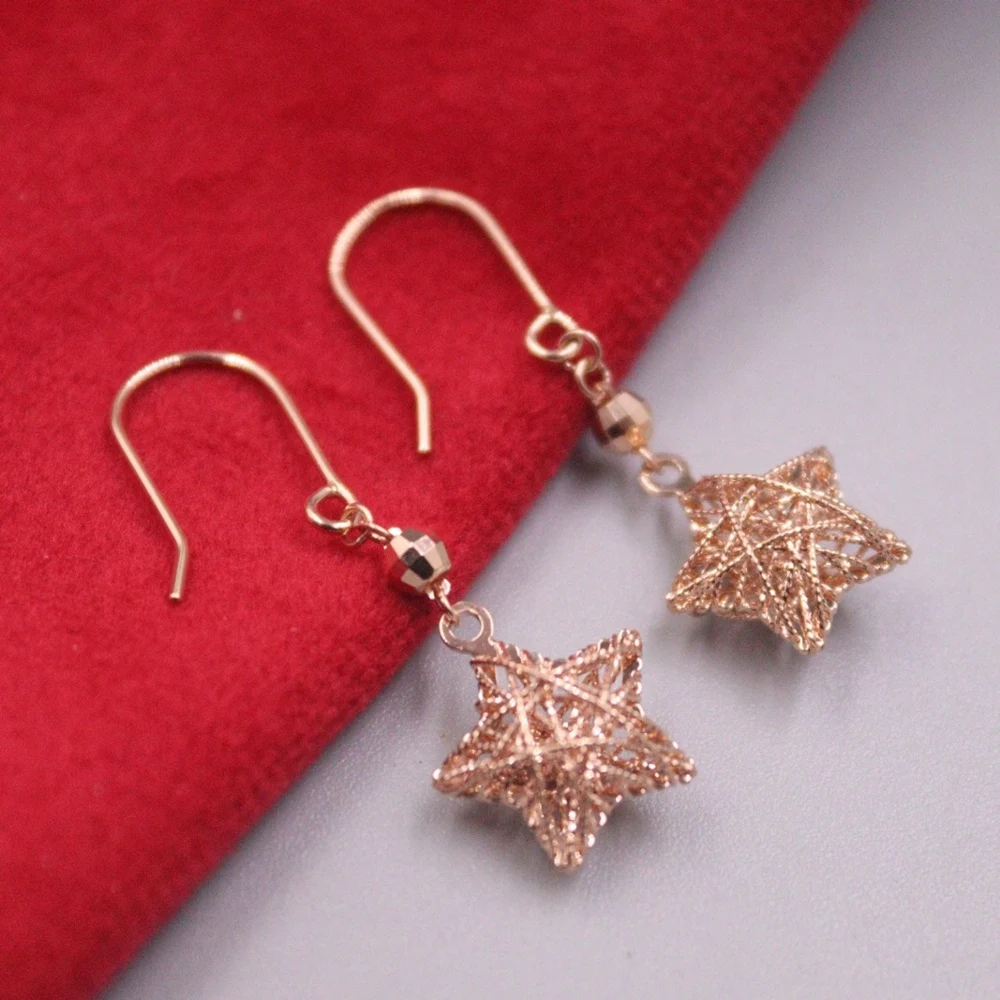 

Real Pure 18K Rose Gold Dangle Women Lucky Gift Craved Hollow Star Earrings 2.2-2.4g