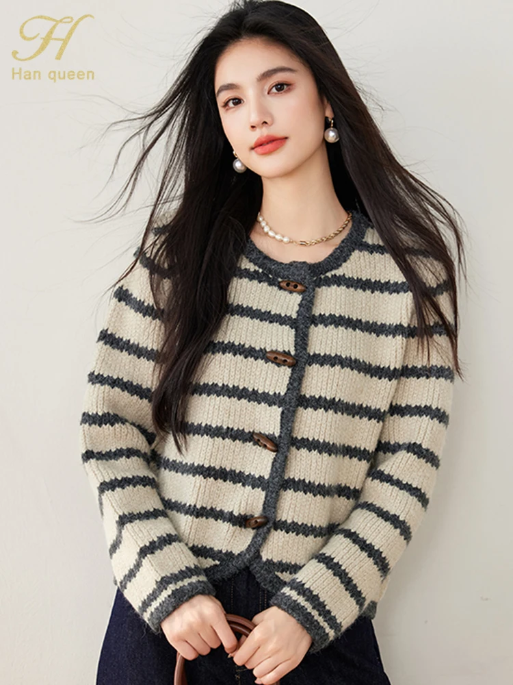 

H Han Queen New Autumn Single-Breasted Cardigan Sweater For Womens Fashion Color Blocking Stripes Elastic Soft Knitwear Sweaters