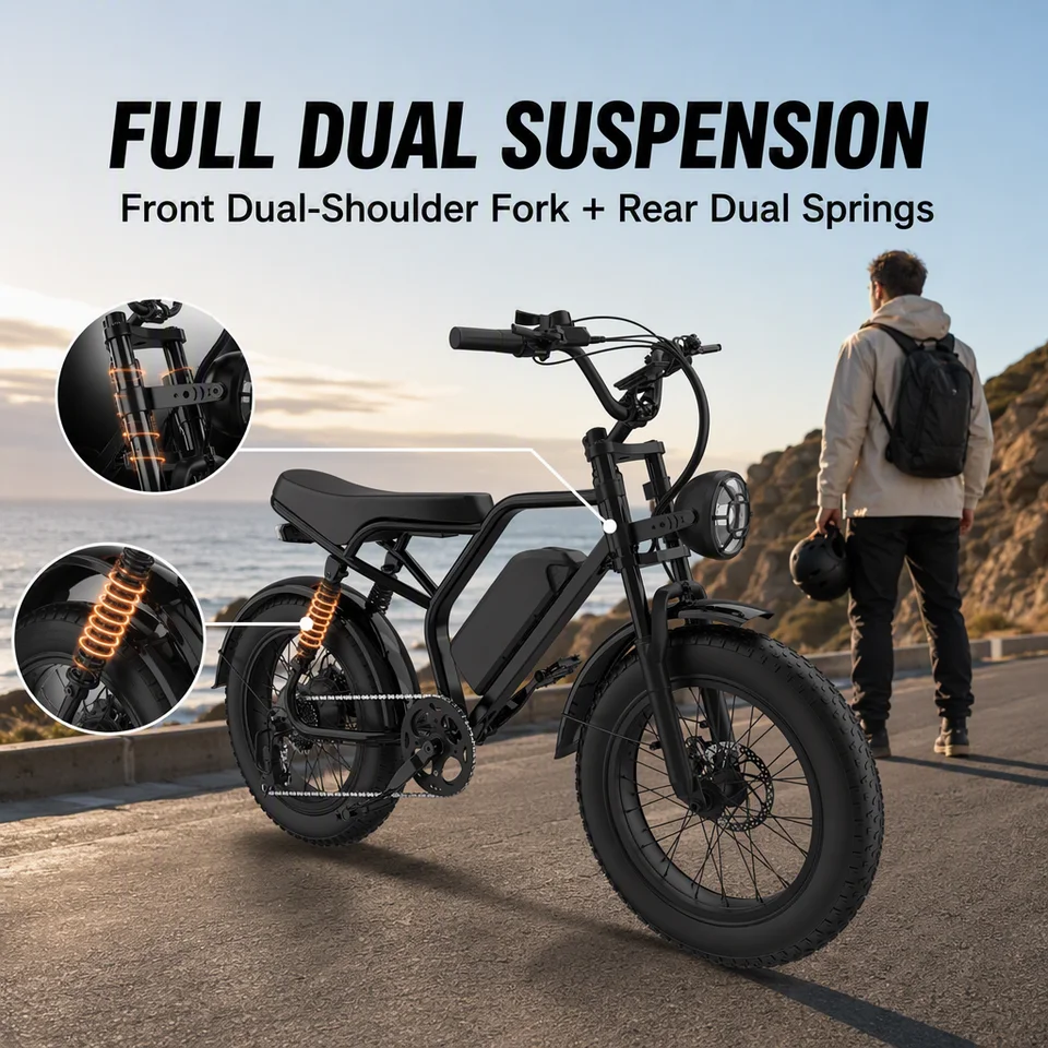 1500W Peak Electric Bike for Adults 48V 20Ah Fat Tire E-Bike 28MPH Retro Moped Style Full Suspension Hydraulic Brakes All-Terrain US Stock image 6