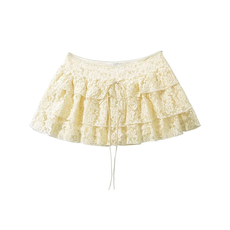 YENKYE 2015 Women Yellow Black Y2K Lace Mini Skirt Sexy Low Waist Side Zipper A-line  Layered Summer Skirts With Short Lining