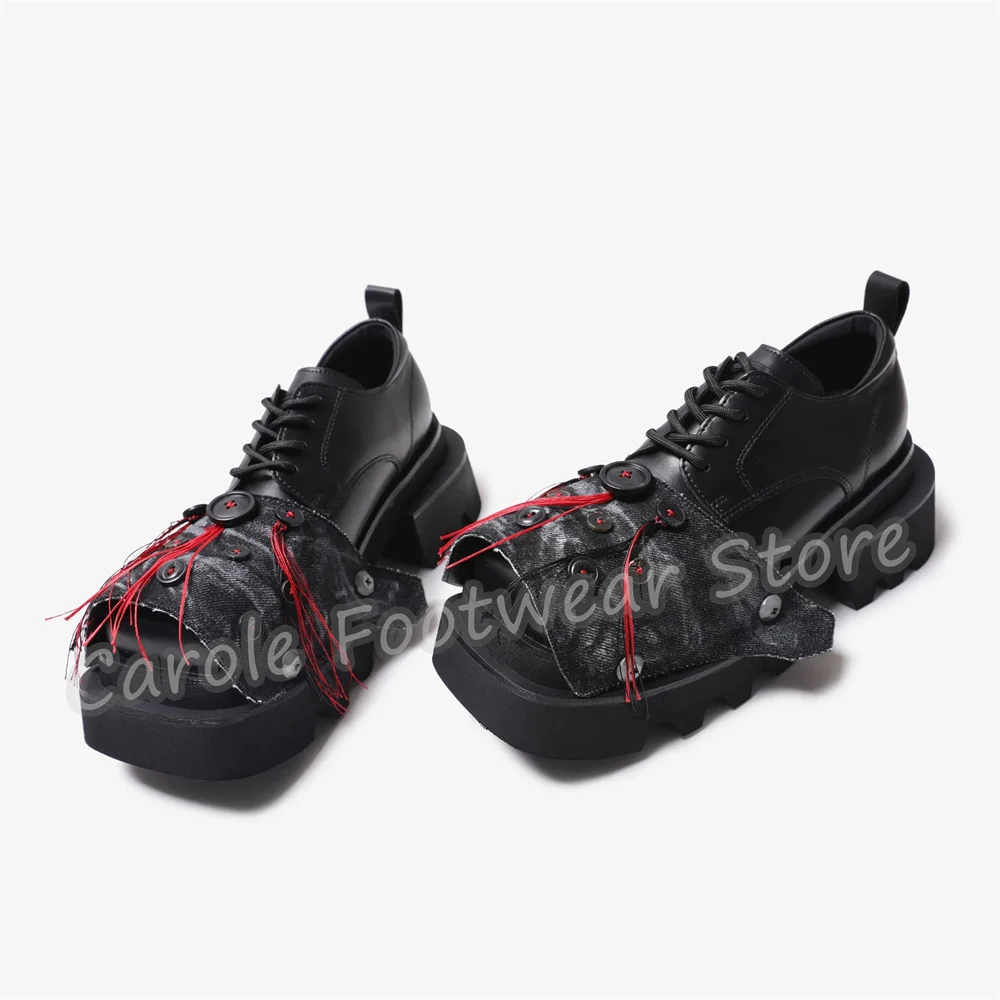 Gothic Black Chunky Bottom Male Derby Shoes Denim Tassel Button Patchwork Lace-Up Oxfords Y2K Streetwear Casual Footwear