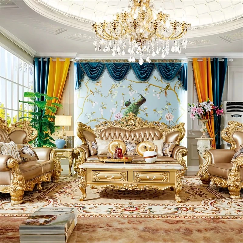 

zn-Luxury Royal Pure Leather Loveseat Sofa Combination Living Room Champagne Golden Solid Wood Sofa Set with Table！