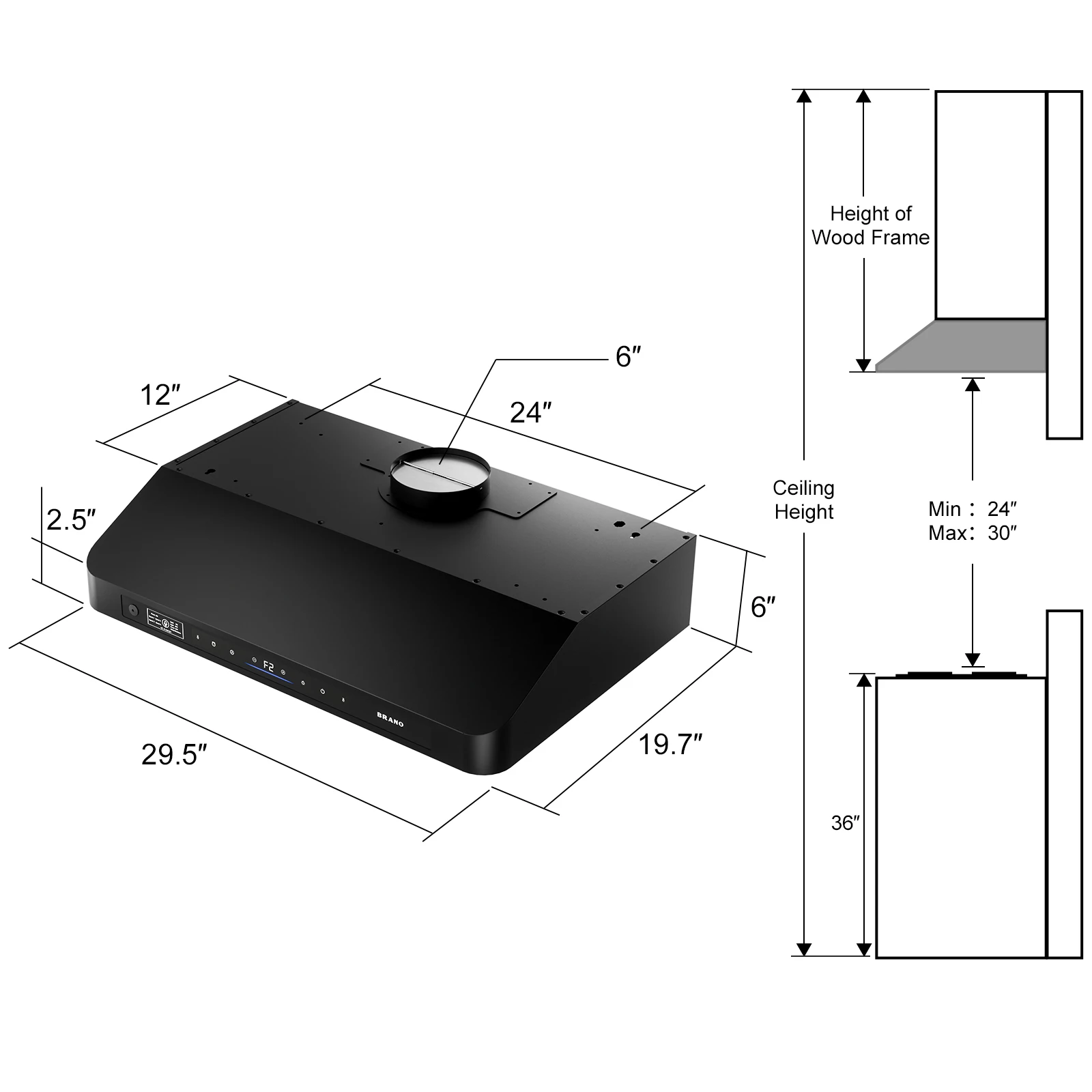شفاط المطبخ 30/36 بوصة تحت الخزانة مع التحكم الصوتي/الضيا/اللمس، غطاء فتحة تهوية المطبخ 900 CFM مع مروحة عادم 4 سرعات