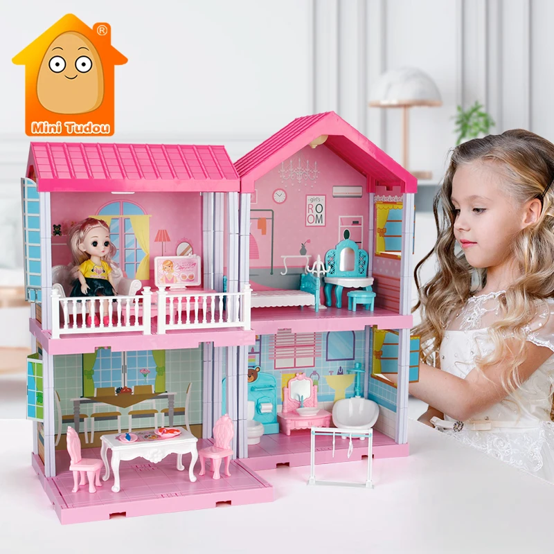 

DIY Princess Big Villa Simulation Assembled Dollhouse Pink Castle Pretend Play Doll Game Educational Toy For Girl Birthday Gift