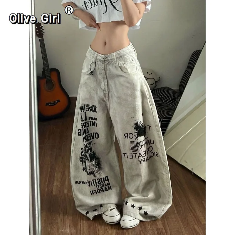Olivegirl Women's Denim Jeans American Washed Letter Painted Graffiti Pants Wide Leg Jeans Trousers Summer Loose Long Pants
