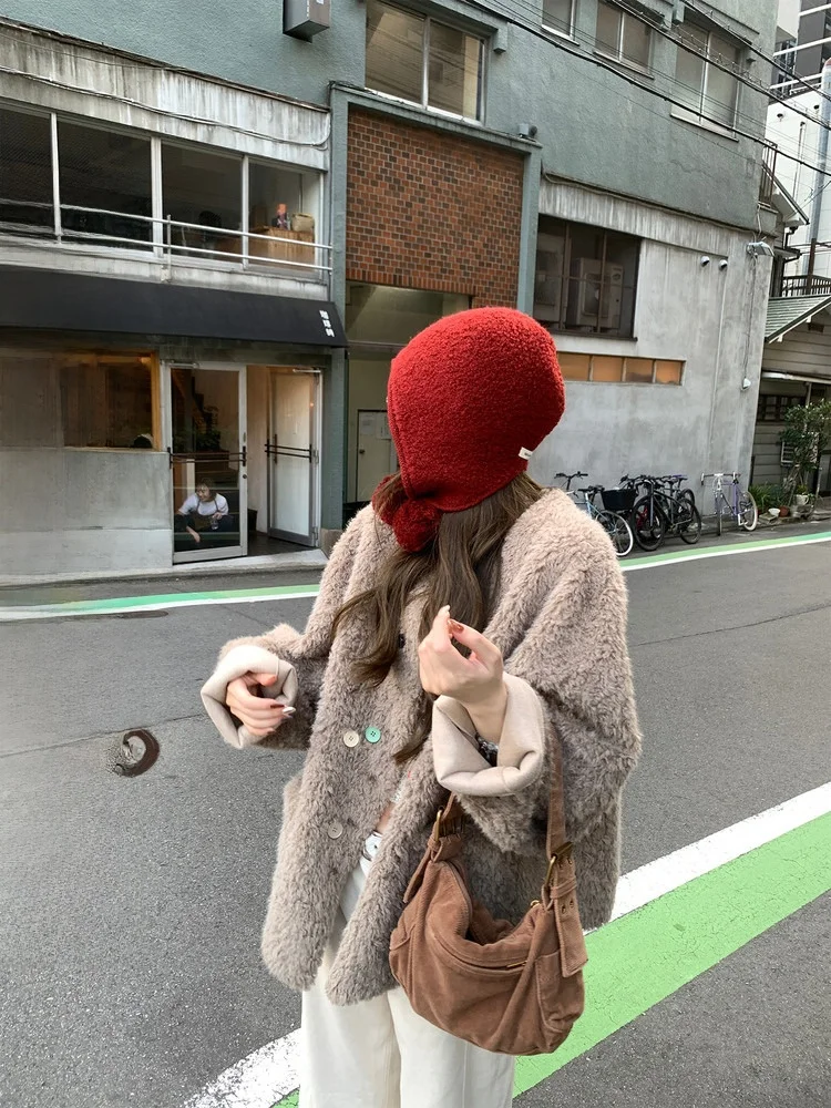 

Aeronline Original Slim Fit Lamb Fur Jaet Rainbow Pattern Eco-friendly Synthetic Leather Coat Long Sve Button Detail W...