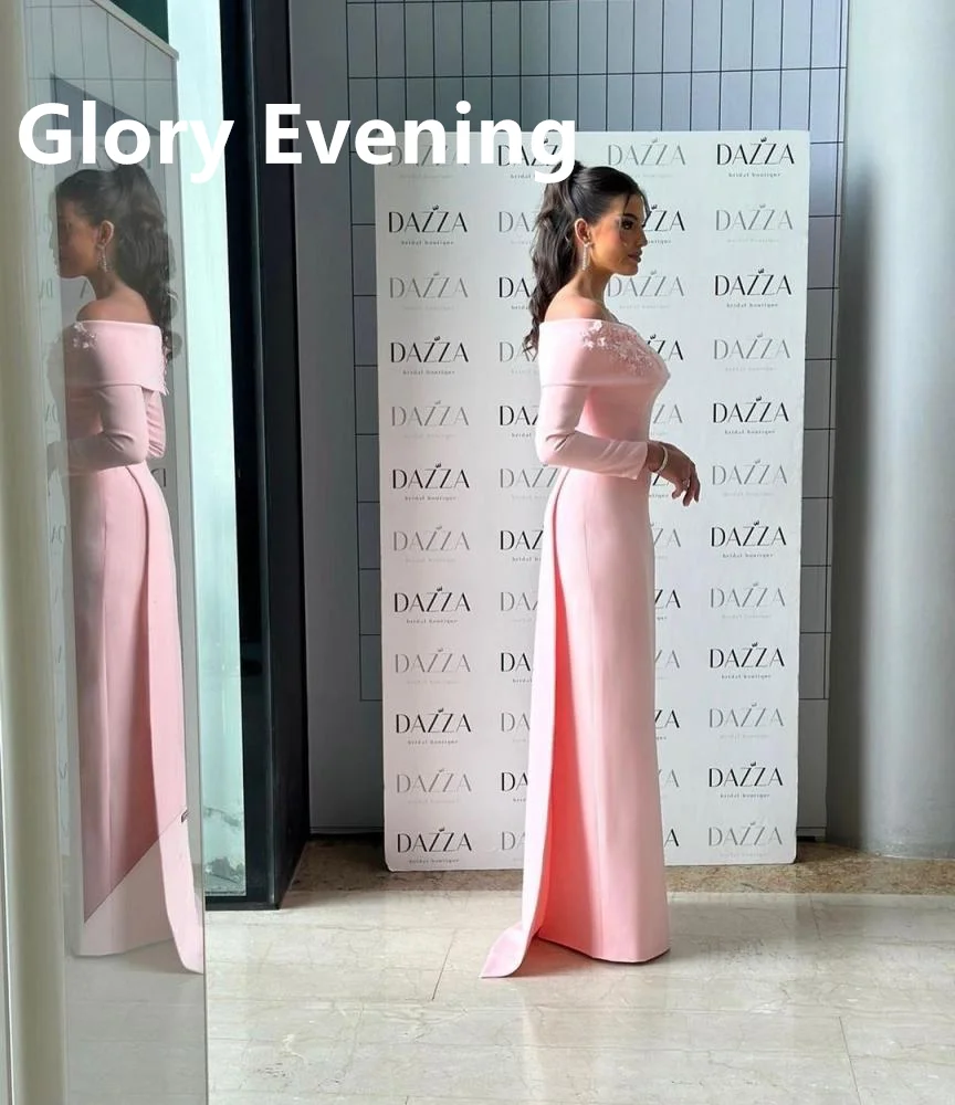 Elegant Applique Evening Dresses Satin Pink Prom Dress Off Shoulder Long Sleeves Saudi Arabia Party Wedding Gown Customized