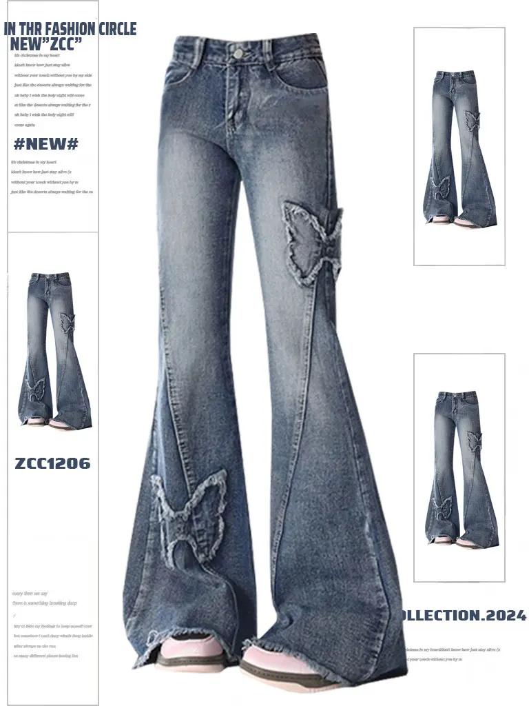 レトロアメリカン蝶刺繍フリース裏地ハイウエストストレートレッグフロアレングスジーンズ女性の秋冬デザインセンス