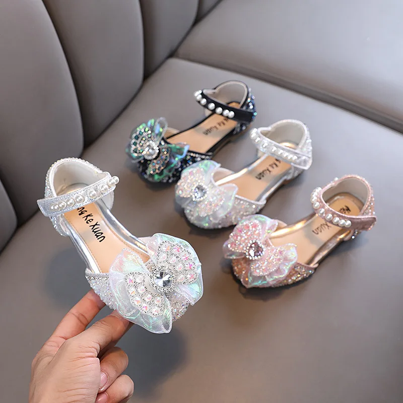 Girls Princess Shoes Sandals Summer Fashion Sequins Bow Flat Sandals Students New Children Rhinestones Sandals H550