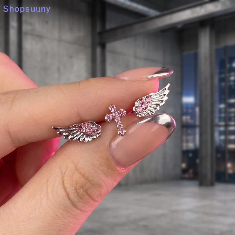 [SU]3/4Pcs Vintage Punk Pink Zircon Wing Cross Star Earrings Set Minimalist Ear Piercing Ear Cartilage Piercing Jewelry Tool