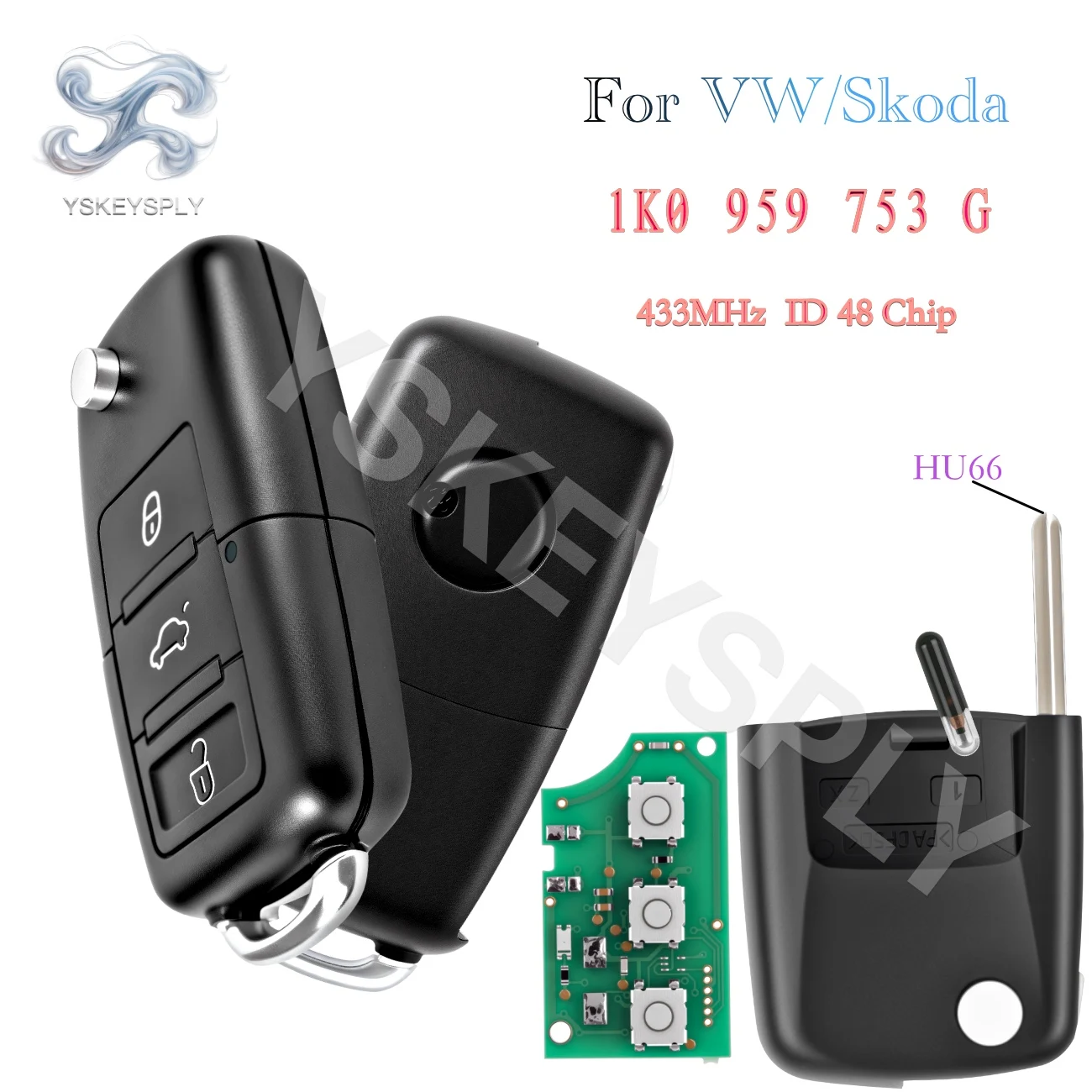

For VW Golf Jetta Caddy EOS Scirocco Tiguan Touran For Skoda Flip Remote Key Fob HU66 ID48 Chip 1K0 959 753 G