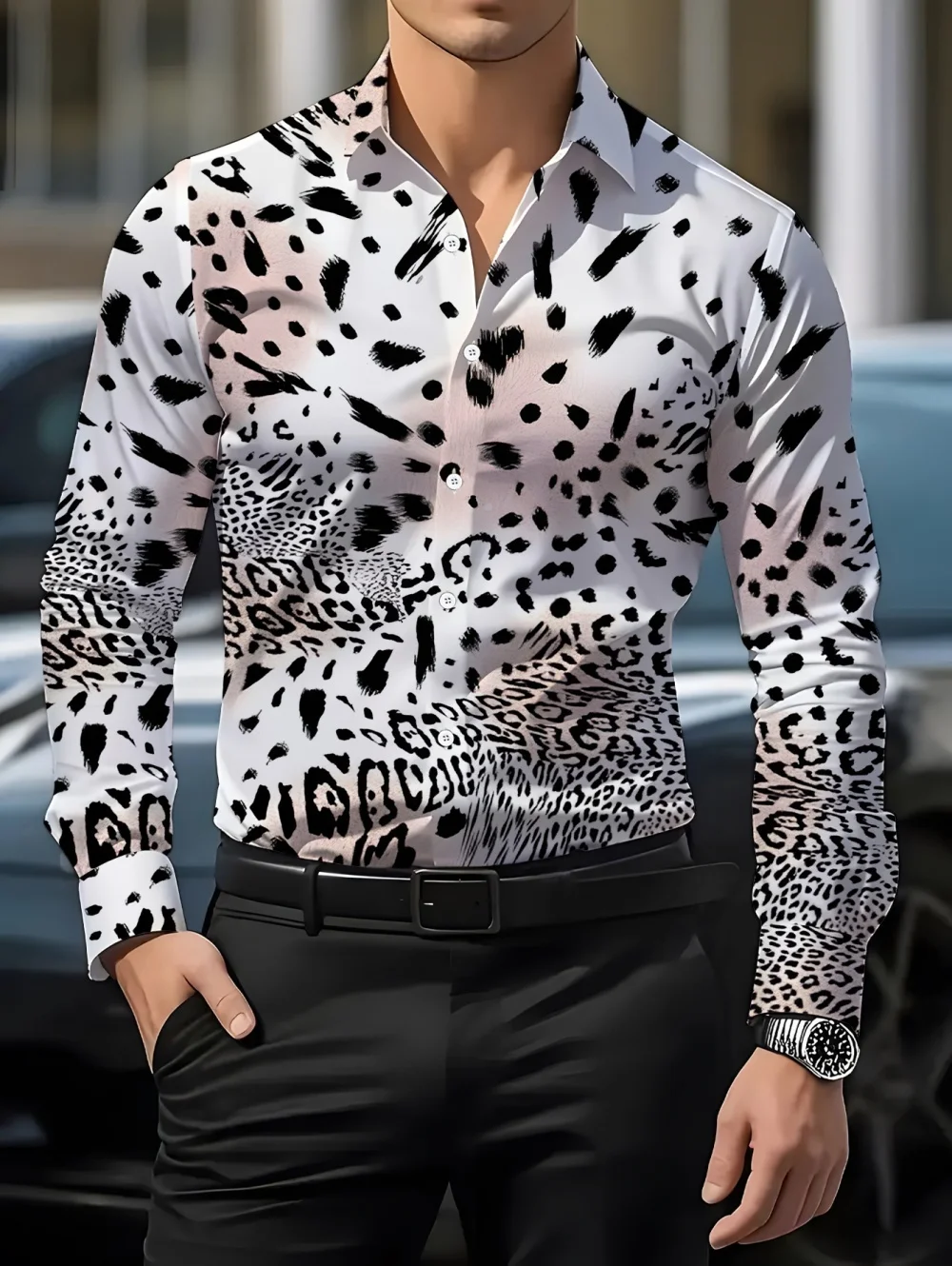 Men's Fashion Leopard Pattern Long Sleeve Shirt Comfortable Casual Spring and Autumn Tops Outdoor Daily Wear Elegant Mens Shirts
