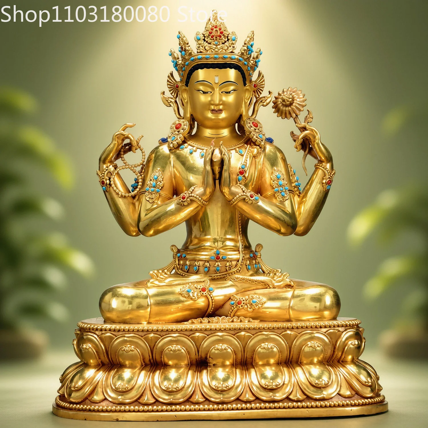 31cm Gilt Brass Four-Armed Chenrezig Avalokiteshvara Statue Guanyin Tibetan Compassion Bodhisattva Sculpture Home Altar Decor