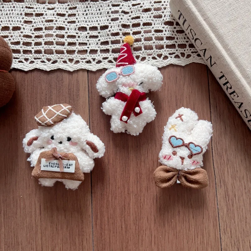 Soft Plush Curly Puppy Squint Eye Bunny Brooch DIY for Hat Bag Scarf Embellishment Cute Winter Accessory Craft