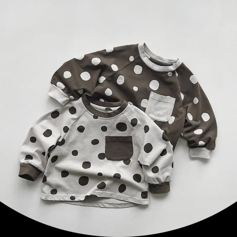 

2024 Spring New Children Long Sleeve T Shirts Girls Vintage Dot Print T Shirts Kids Casual Tops Loose Baby Tee Boys Clothes