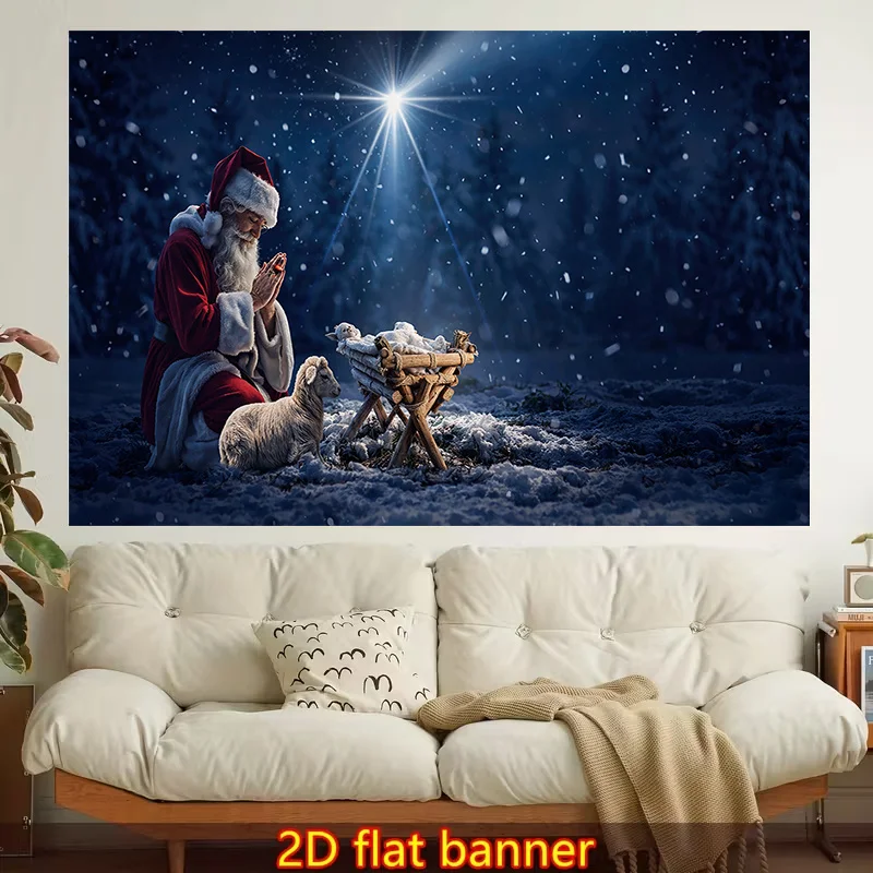 1pc Stylish 2D Flat Printed Wall Tapestry, Nativity Scene, Santa Claus, Bethlehem Star. Colorful Aesthetics, Bedroom Aesthetics, Suitable for Living Room, Bedroom, Office