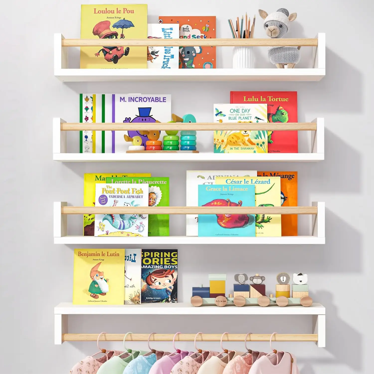 

Nursery Book Shelves, 23.6 Inch Floating Bookshelves for Wall Set of 4, Baby Nursery & Playroom Decor, Solid Wood Wall