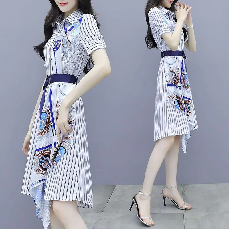 

Fashion Printed Spliced Sashes Asymmetrical Striped Casual Dresses Women's Clothing 2024 Summer New Loose Commuter Shirt Dress