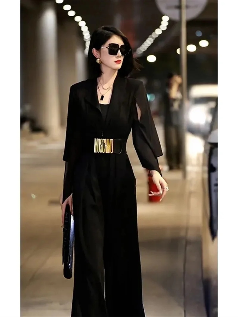 2025 verão fino ajuste moda explosiva rua high-end temperamento deusa fã em forma de pêra cintura cinched macacão para mulher