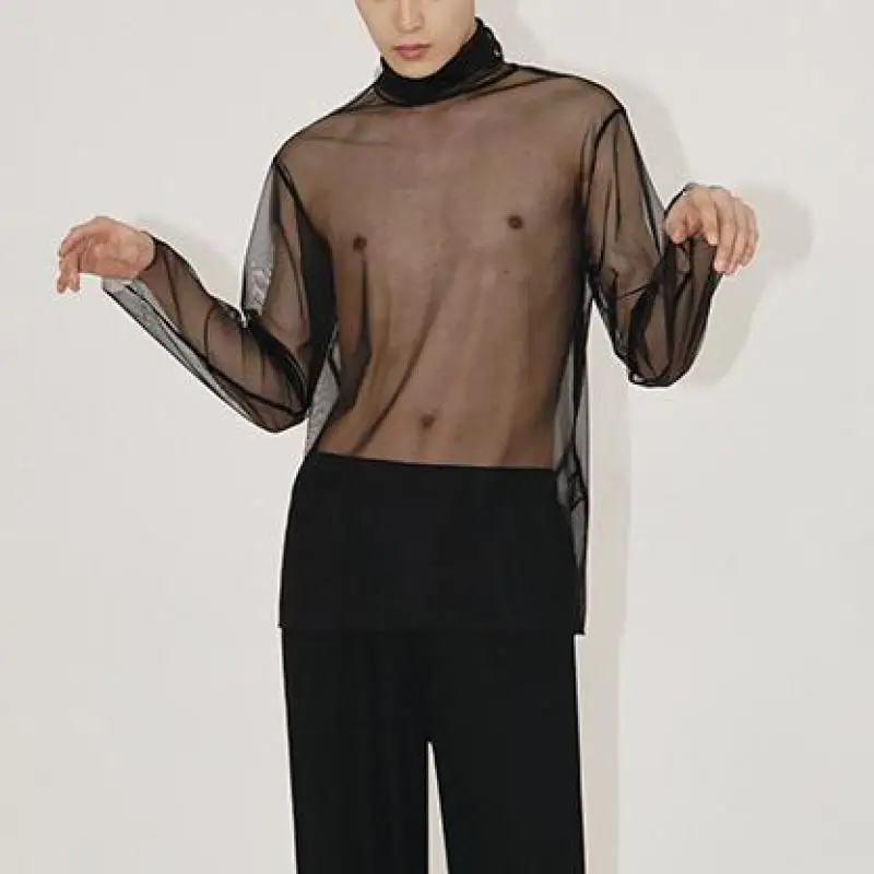 Sexy Black Turtleneck See Through T Shirts Fot Mens Mesh Stretch Clothing Transparent Base Shirts Korean Fashion High Neck Top