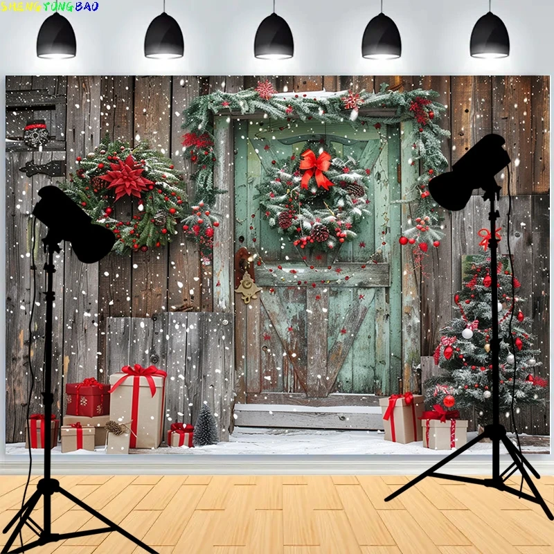 Christmas Tree With Gift Boxes Photography Backdrops Winter Snow Decorations Wooden Door Fireplace Room Background Props WR-18