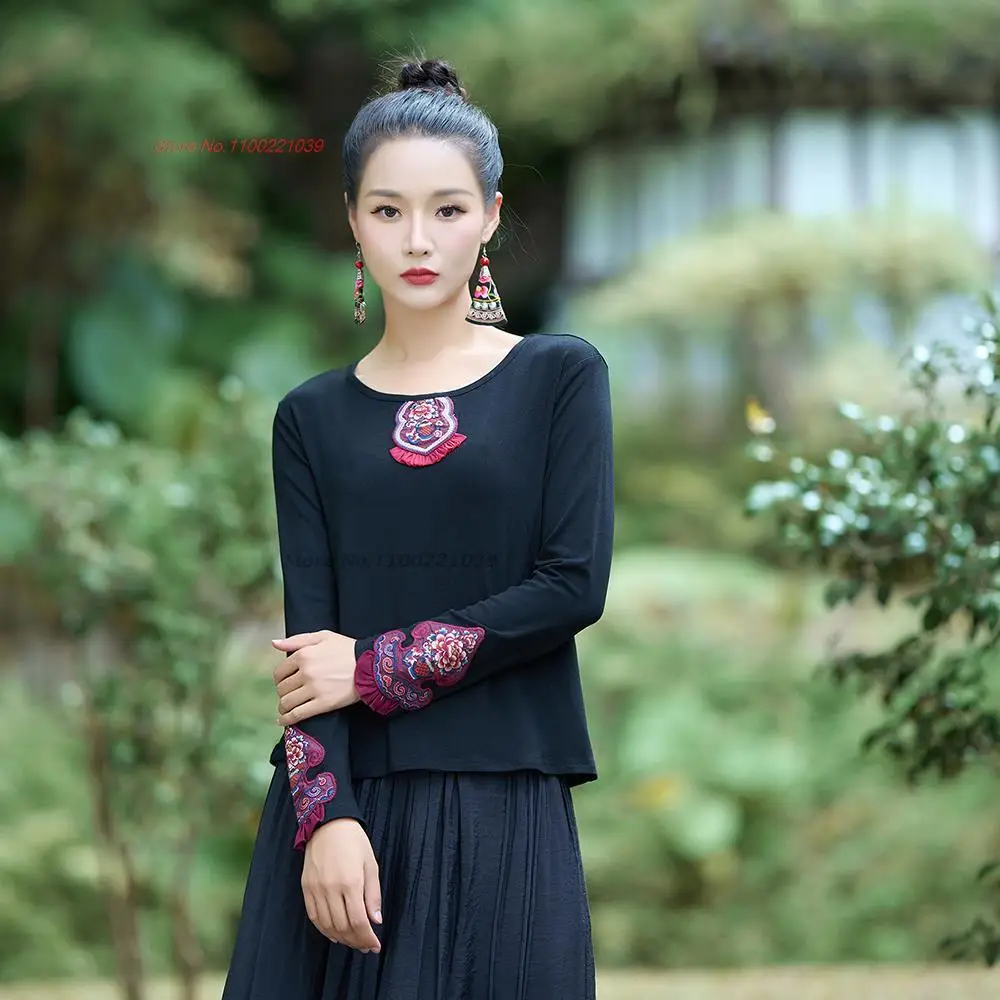 

2024 chinese vintage t-shirt national flower embroidery o-neck shirt improved hanfu tops oriental folk base shirt streetwear