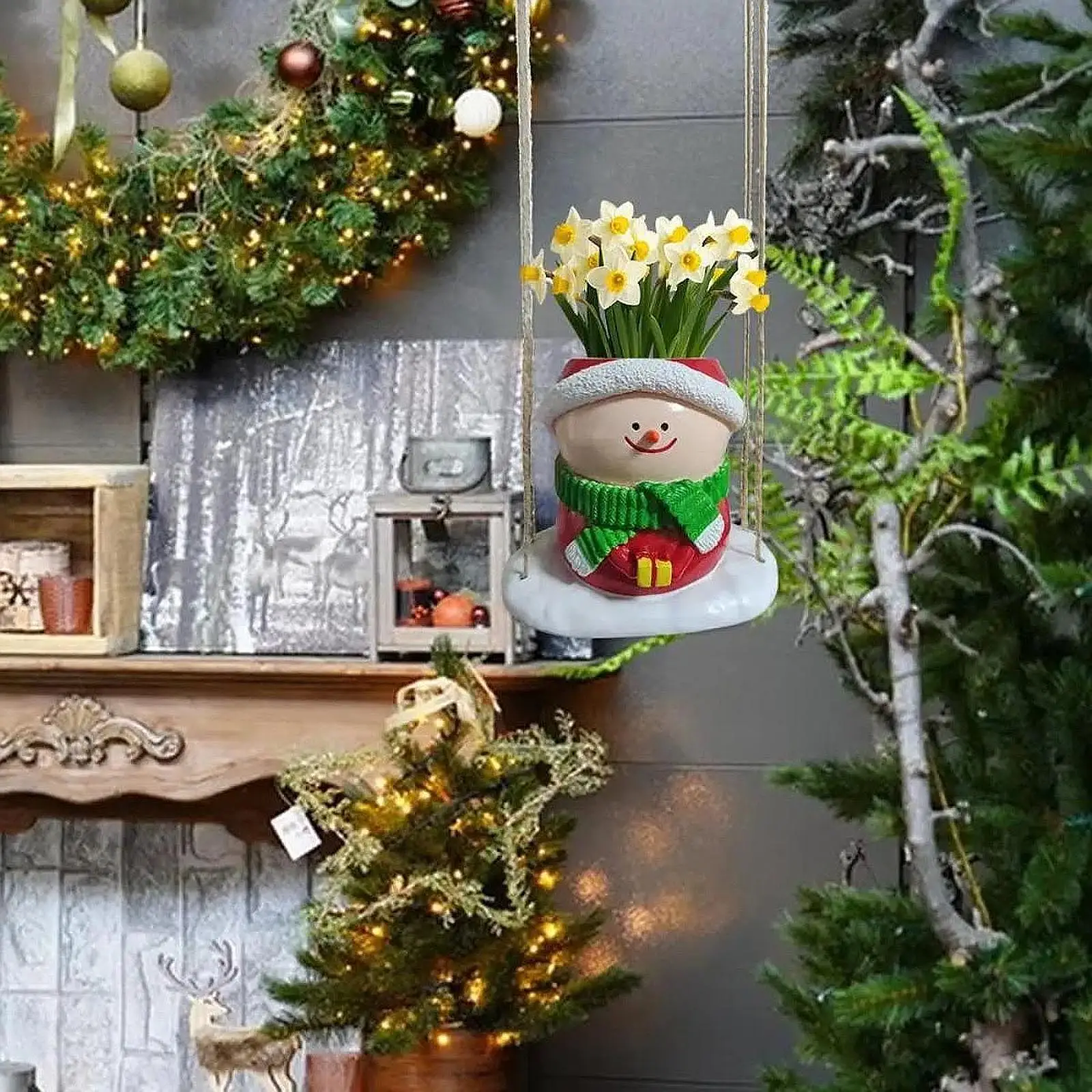 

Hanging Flower Pot Creative Cute Swing Snowman Planter for Office Patio Home
