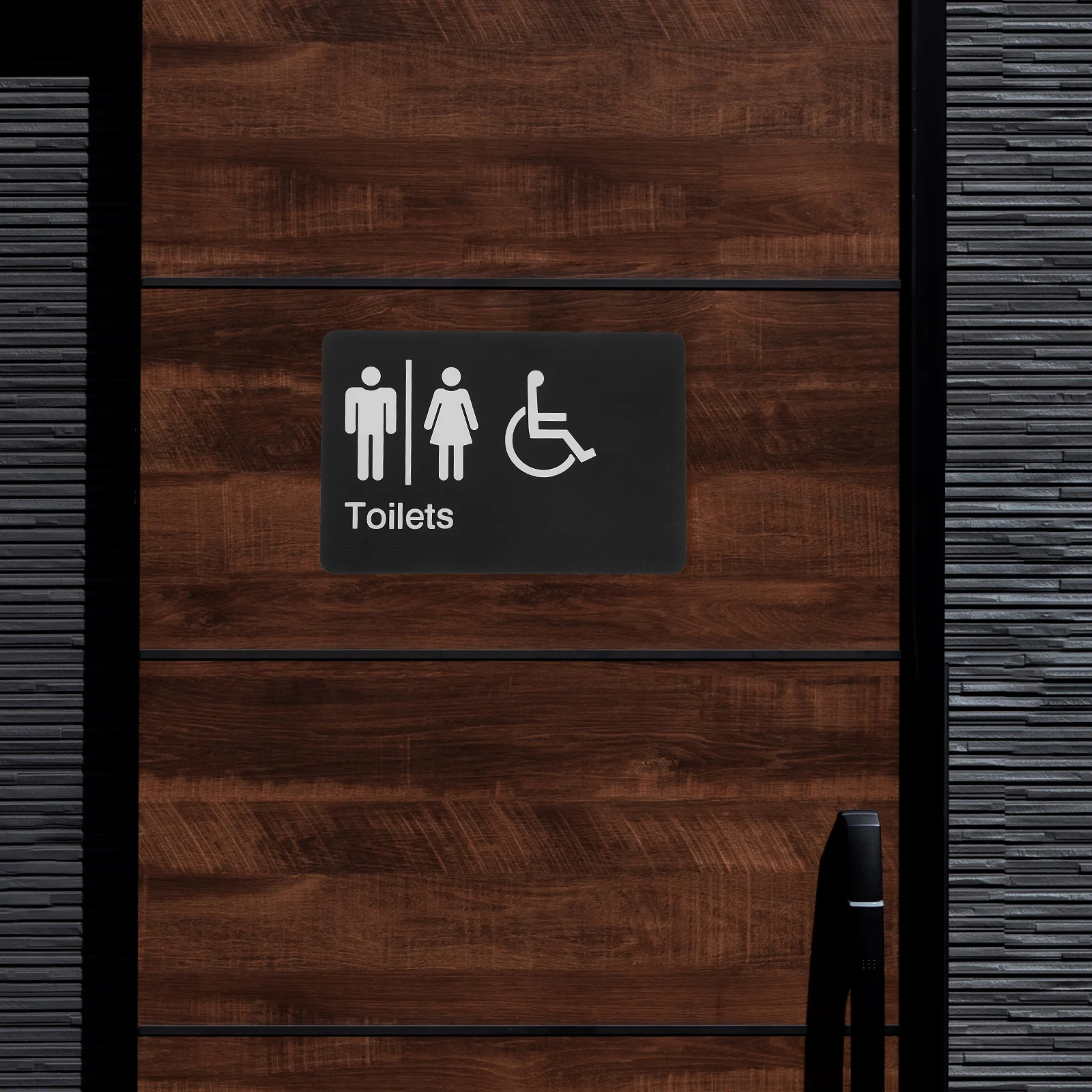 

All Gender Restroom Signboard Bright Braille High Visibility Guiding Arrows ABS Simple Design Black Handicaps Washrooms