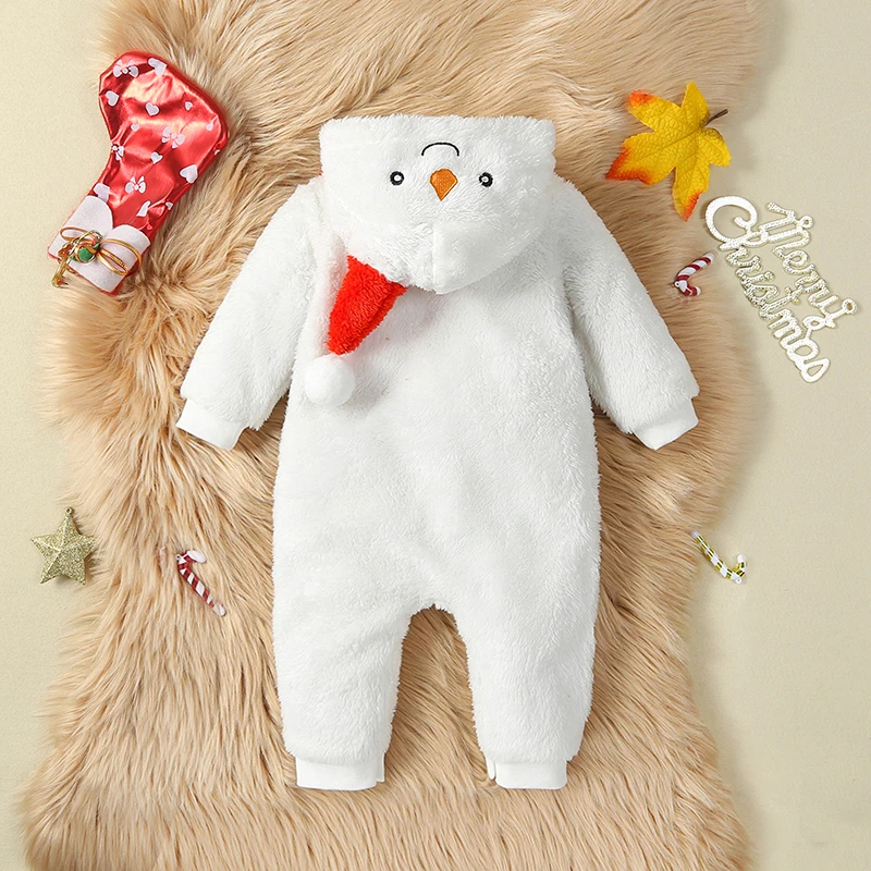 

Infant Girl Christmas Outfits Long Sleeve Jumpsuit Snowman Bodysuit Furry Hooded Romper