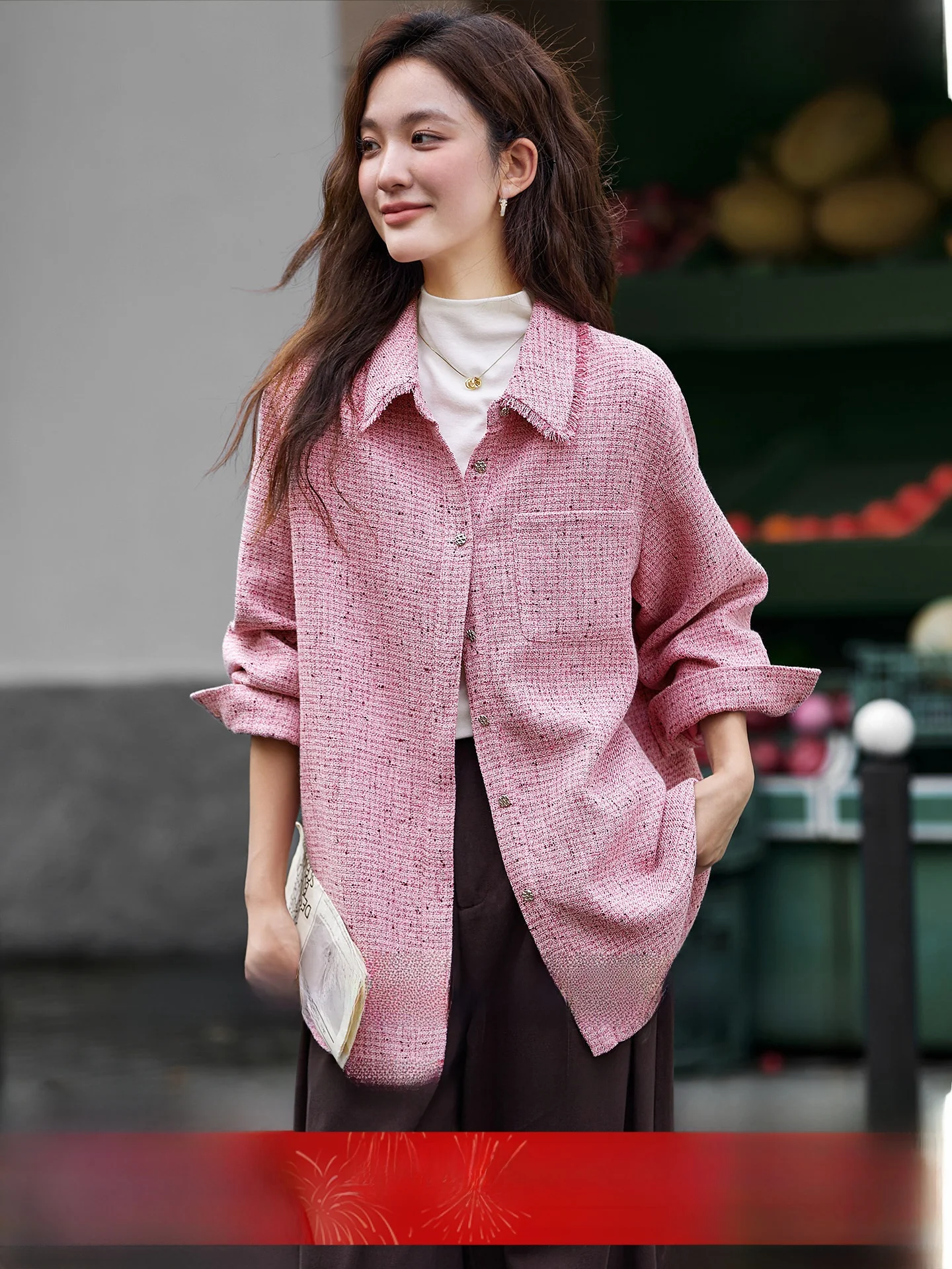 

Ele Heavyweight Woven Long Sve Jaet Women's Autumn New Sle Faionable Outerwear Comfortable Polyester Blend