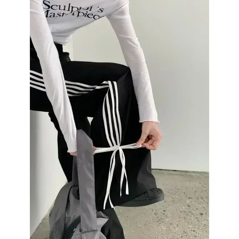 QWEEK Black Stripe Sport Sweatpants Women Autumn Oversized Baggy Harajuku Fashion Casual Joggers Pants Streetwear Korean Style