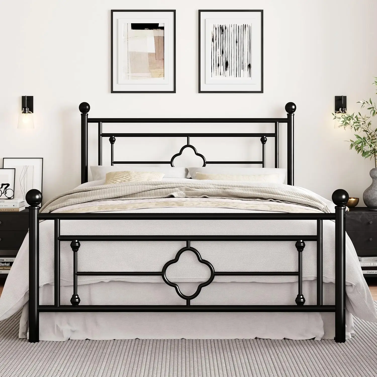 SHA CERLIN 14 Inches Queen Size Metal Platform Bed Frame/Vintage Iron-Art Headboard and Footboard/Mattress Foundation