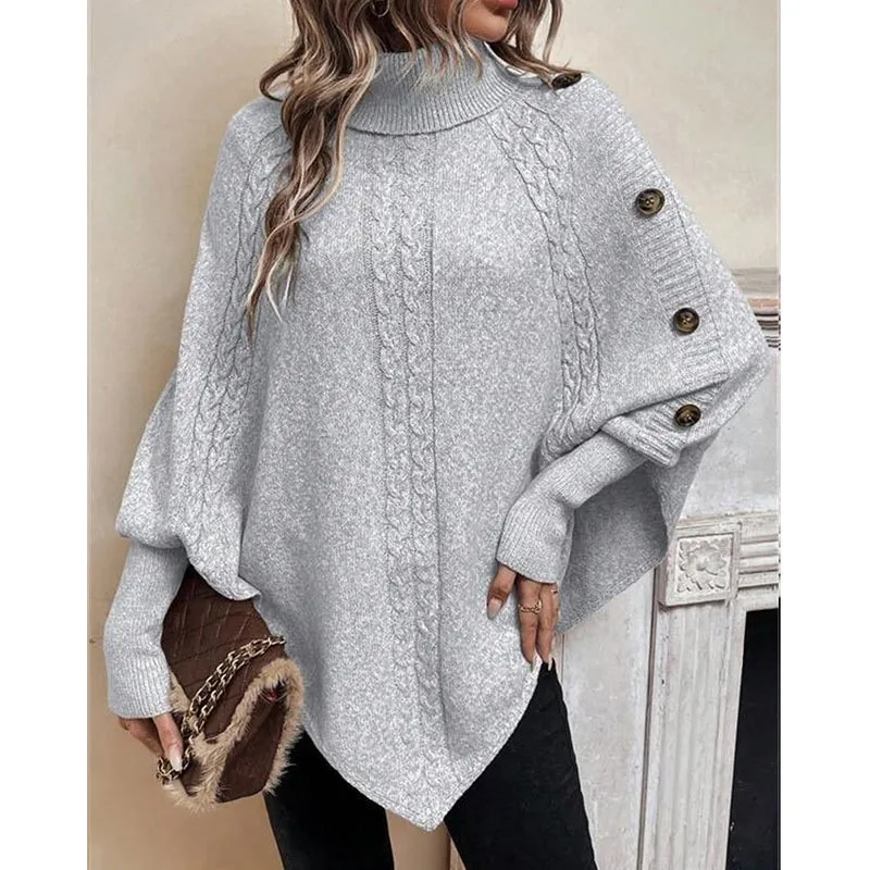 Otoño Invierno nuevo suéter Irregular de mujer de punto de moda flor retorcida cuello alto botón manga de murciélago jerseys Top