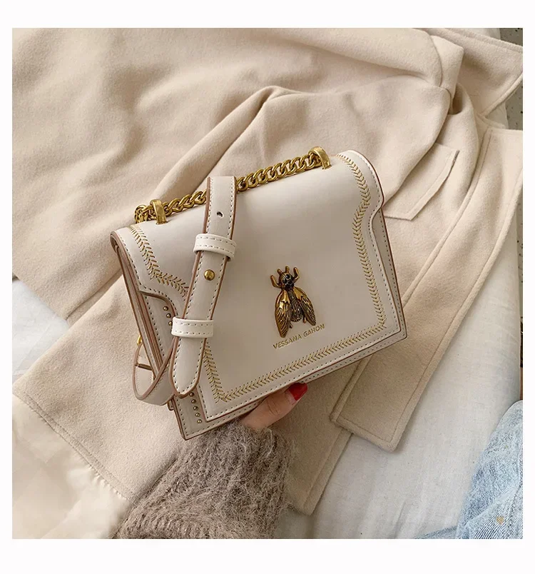 

2025 New! Fashion Design Women's Retro Texture Small Square Messenger - Versatile Chain Embroidery commuter bag