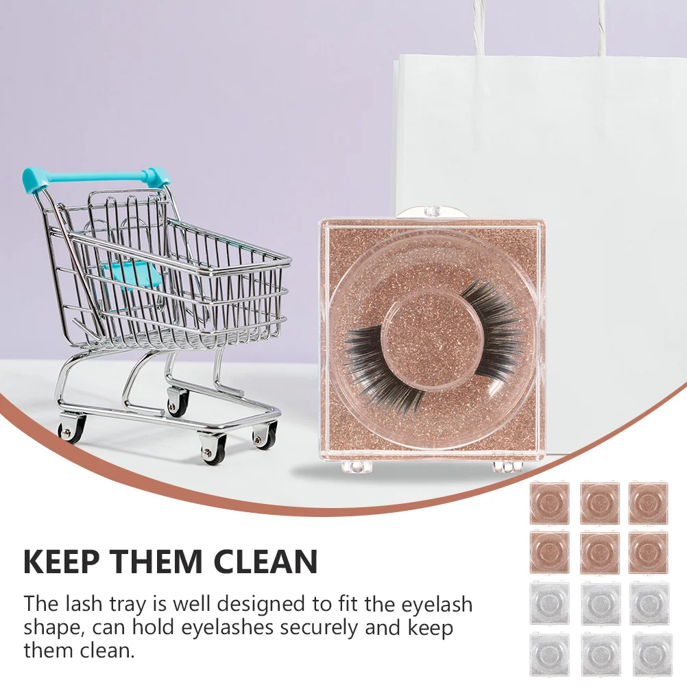 12Pcs Transparent False Eyelash Organizer Boxes Glitter Square Eyelash Storage Case Plastic Lash Holder Lash Tray