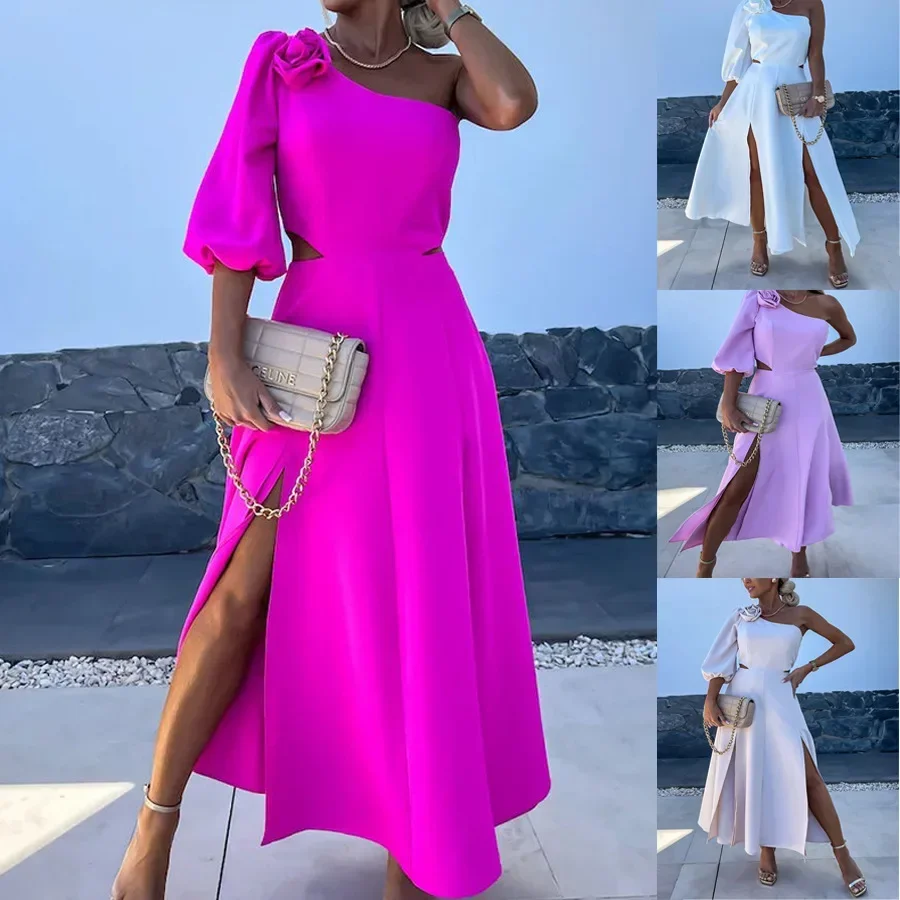 Vestido de fiesta de una manga con adornos florales en los hombros para mujer, elegante cintura vacía, dobladillo dividido doble para fiestas de cóctel
