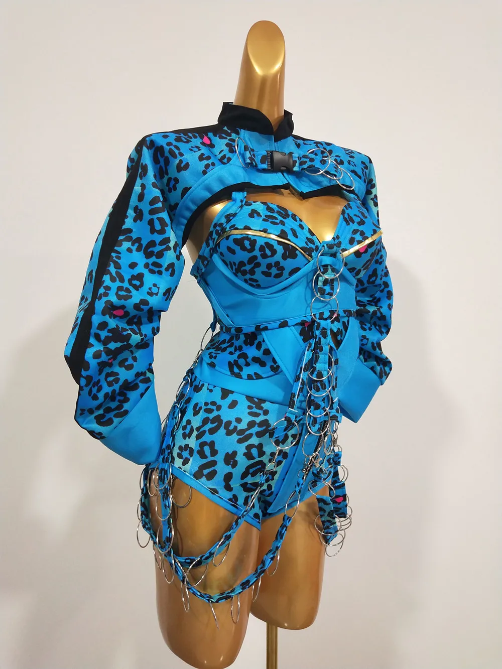 Nightclub Gogo Dance Clothes DJ Singer Concert Sexy Performance Stage Wear Blue Leopard Metal Buckle Bodysuit Drag Queen Costume