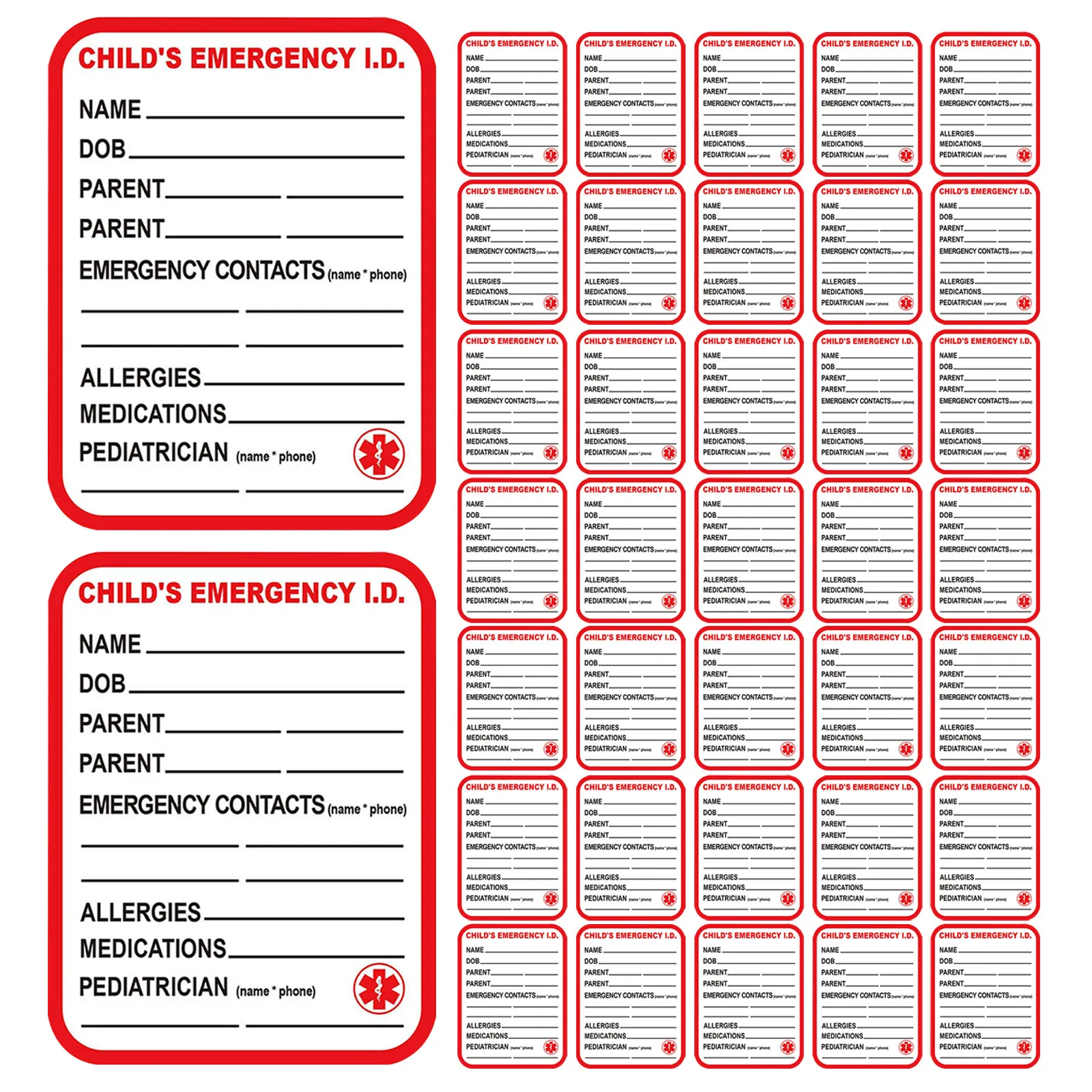 

50 шт. медицинских информационных этикеток 4x3 дюйма, красные наклейки для экстренных случаев, для автомобильных сидений, идентификационные бирки для детских учреждений, этикетки для ухода за больными, для бутылок и багажа