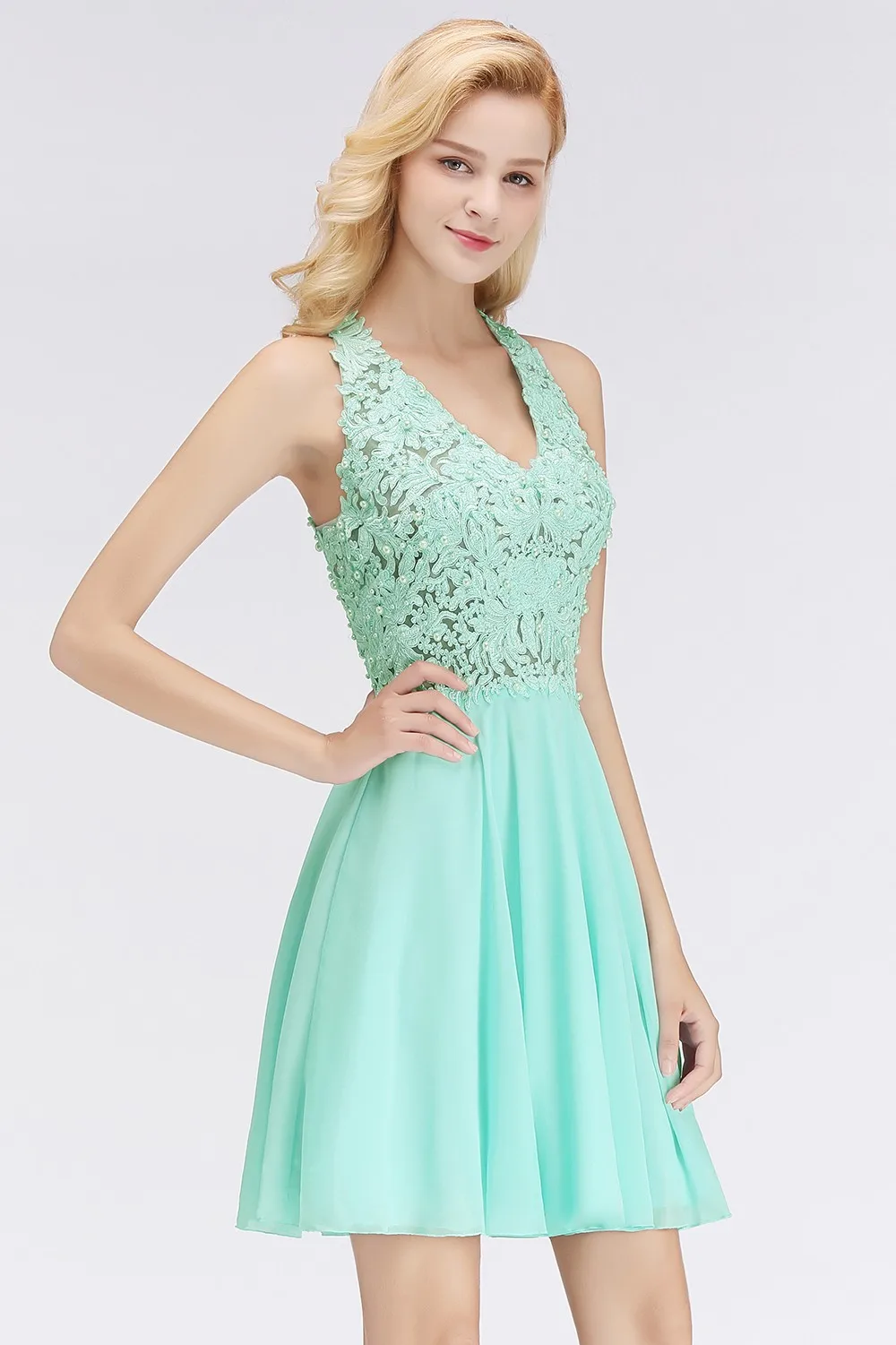 Elegant Mint Green Lace Cocktail Dresses Sexy Illusion Pearls Decorate A Line Short Chiffon Formal Party Prom Gowns Vestidos