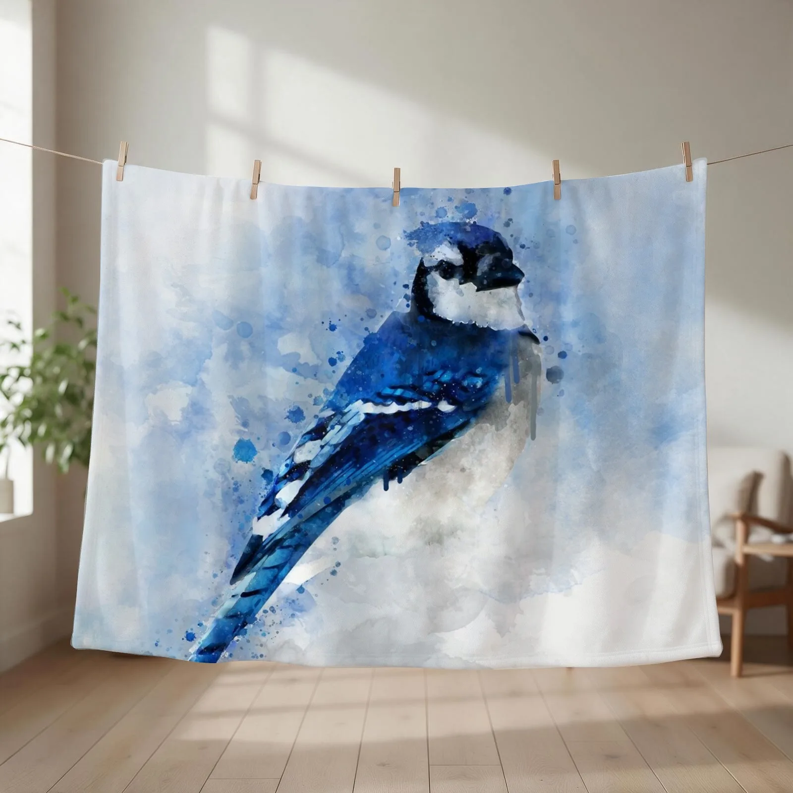 Dramabite Watercolour blue jay bird artistic artsy animal painting Throw Blanket