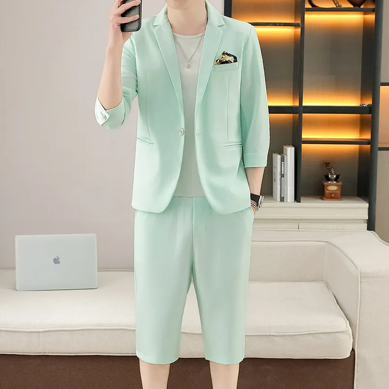 

2025 Men's Summer New Medium Sleeve Suit, Teen Casual, Suit, Two Pieces