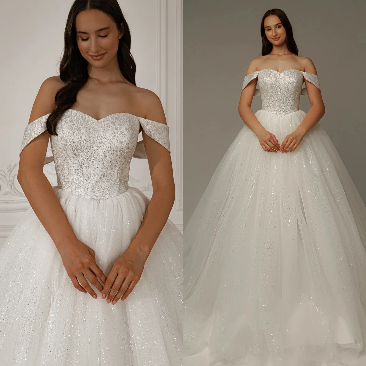 

Glitter White A Line Wedding Dresses Off Shoulder Shiny Sequins Bridal Gowns Vintage Floor Length Vestidos De Mariee