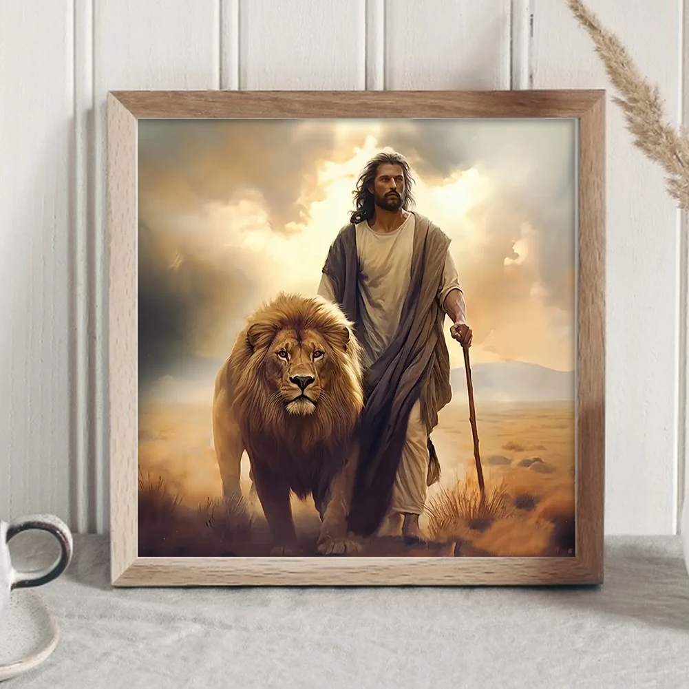 5D DIY Full Round Drill Diamond Painting Jesus&Lion Home Decor Art Craft 30x30cm